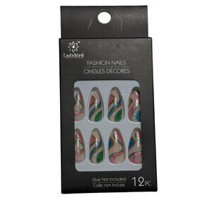 Ladybird Glitter Swirl Almond Fashion Nails 12pc New